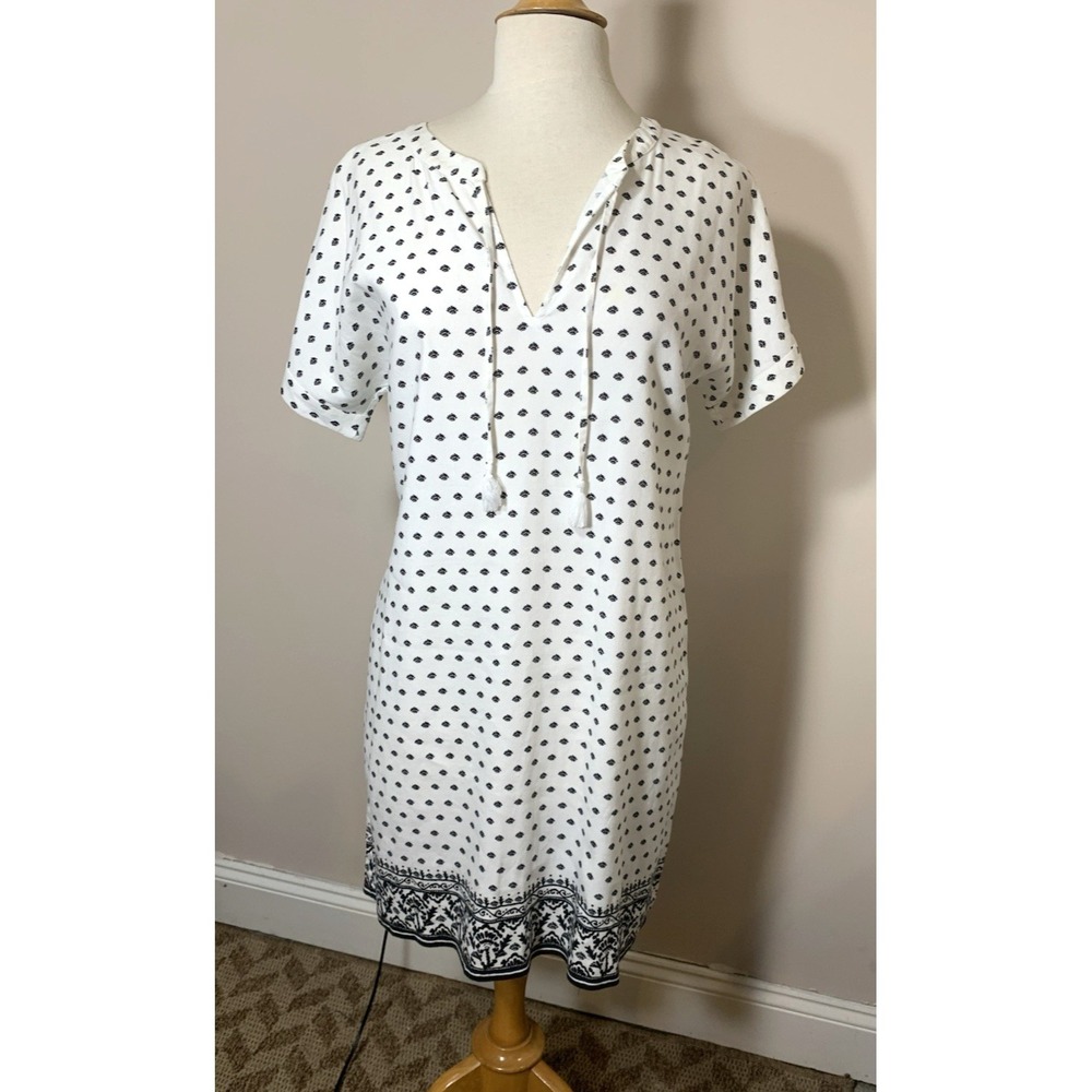 Vineyard Vines Shift Dress Womens 8 Ivory Black Linen Blend Stretch Beachy